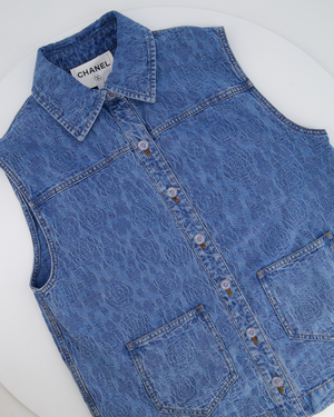 Chanel 23S Blue Denim Vest with CC, Camelia and Button Details Size FR 36 (UK 8)