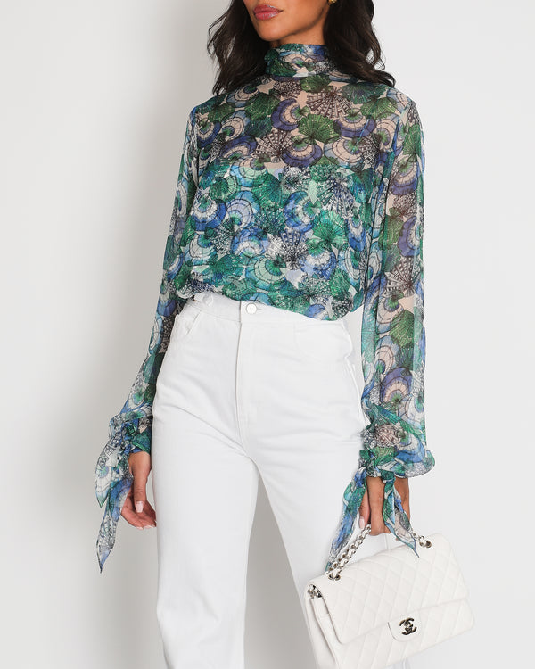 Emilio Pucci Green and Blue Printed Silk Blouse with Matching Under Top and Ribbon Detail Size IT 44 (UK 12)