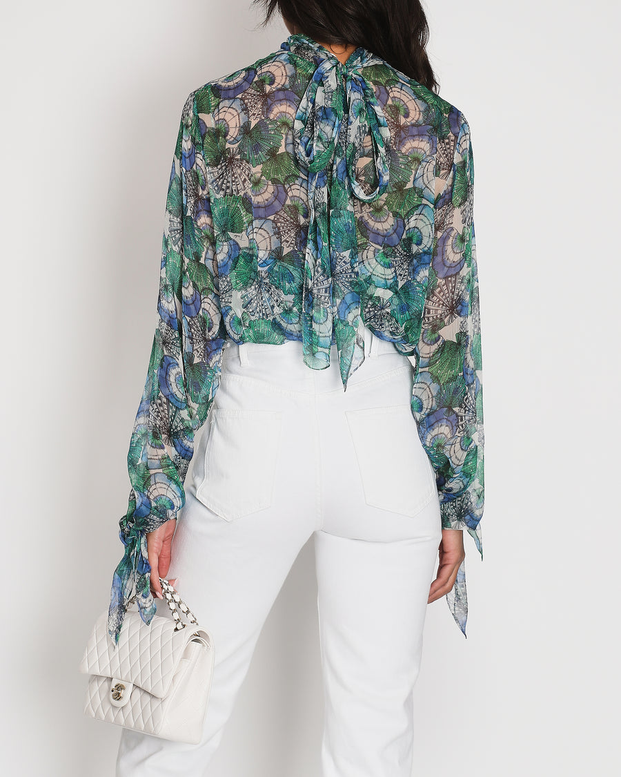 Emilio Pucci Green and Blue Printed Silk Blouse with Matching Under Top and Ribbon Detail Size IT 44 (UK 12)