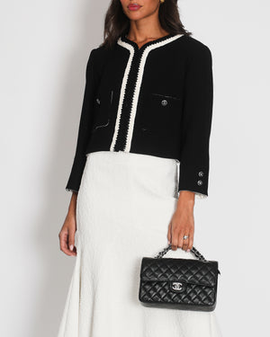 *SUPER HOT* Chanel 22C Black, White Metallic Tweed Trim Silk Jacket and Wide-Leg Trouser Set with Crystal CC Logo Detail Size FR 42-44 (UK 14-16) Jacket RRP £5,420