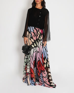 *RUNWAY* Chanel Black 
Multi-Coloured Silk Sheer Butterfly Maxi Dress with CC Button Detail FR 42 (UK 14)