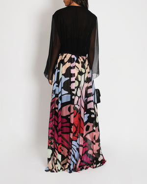 *RUNWAY* Chanel Black 
Multi-Coloured Silk Sheer Butterfly Maxi Dress with CC Button Detail FR 42 (UK 14)