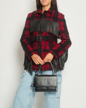 Saint Laurent Red 
Black Lumberjack Jacket with Leather Fringe and Belt Details Size FR 38 (UK 10)