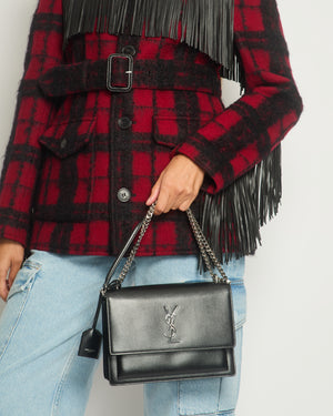 Saint Laurent Red 
Black Lumberjack Jacket with Leather Fringe and Belt Details Size FR 38 (UK 10)