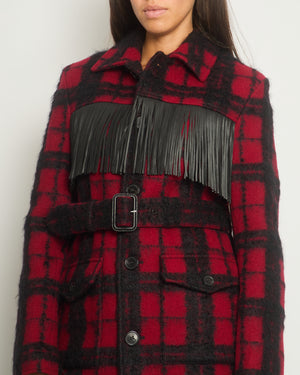 Saint Laurent Red 
Black Lumberjack Jacket with Leather Fringe and Belt Details Size FR 38 (UK 10)