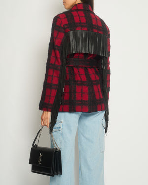 Saint Laurent Red 
Black Lumberjack Jacket with Leather Fringe and Belt Details Size FR 38 (UK 10)