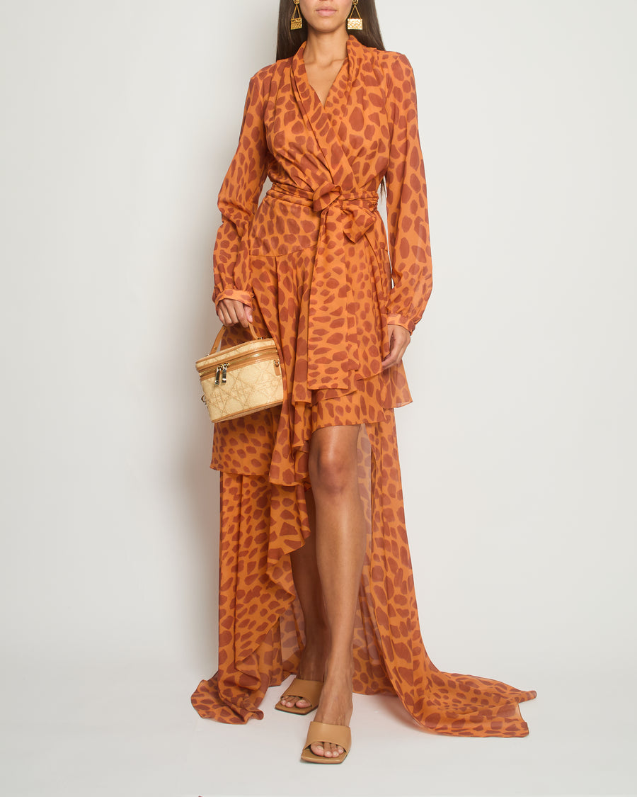 Pat Bo Giraffe Printed Orange 
Brown Ruffled Wrap Around Gown Size Small (UK 8)