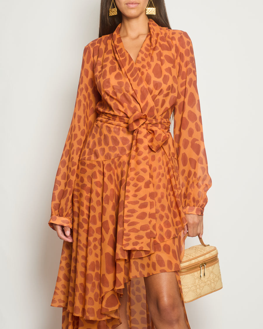 Pat Bo Giraffe Printed Orange 
Brown Ruffled Wrap Around Gown Size Small (UK 8)