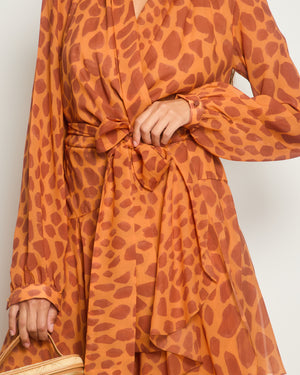 Pat Bo Giraffe Printed Orange 
Brown Ruffled Wrap Around Gown Size Small (UK 8)