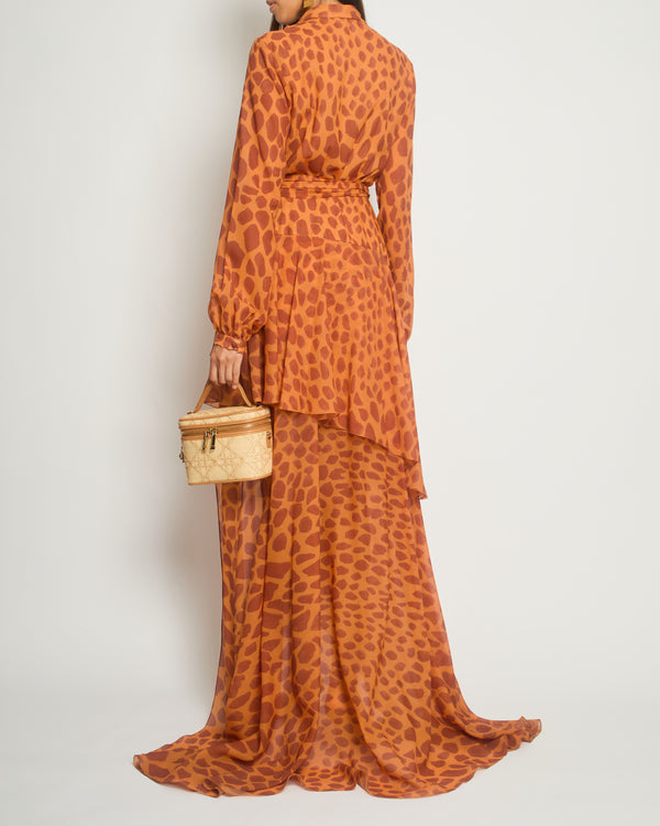 Pat Bo Giraffe Printed Orange 
Brown Ruffled Wrap Around Gown Size Small (UK 8)