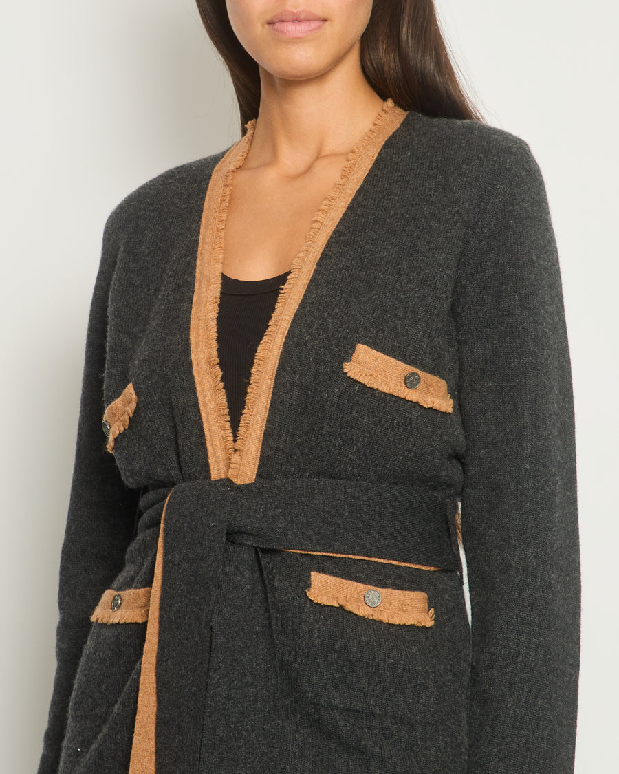 Chanel 06/A Charcoal Long Line Cardigan with Tie Detail FR 38 (UK 10)