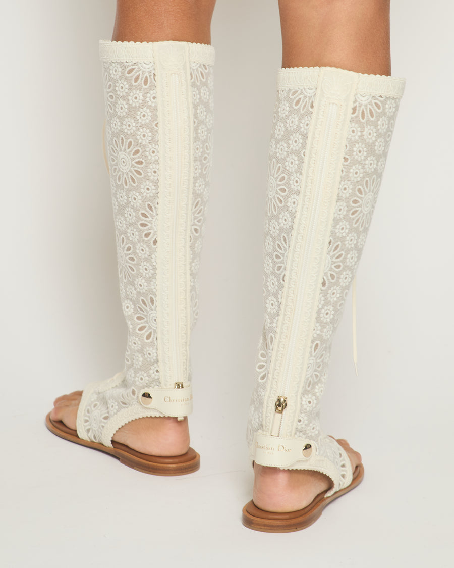 Christian Dior Cream Lace Crochet Knee-High Sandals Size EU 38.5