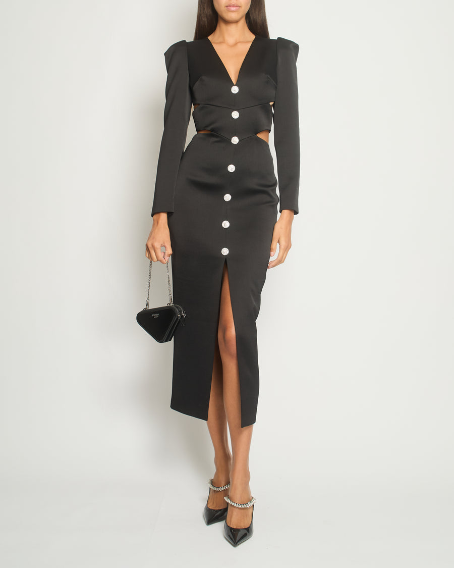 Rasario Black Long-Sleeve Cut-Out Midi Dress with Crystal Button Size FR 36 (UK 8)