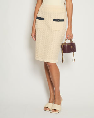 Chanel Cream Knitted Midi Skirt with Navy Pocket Detail Size FR 42 (UK 14)