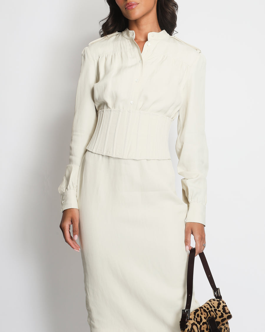 Tom Ford Cream Long Sleeve Shirt Dress with Overlayered Corset IT 38 (UK 6)