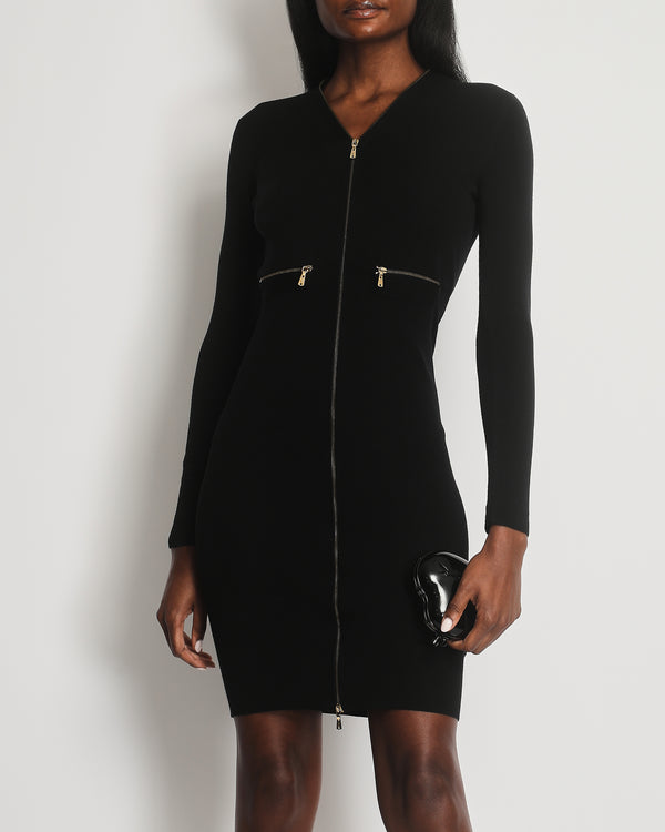 Saint Laurent Fall Winter 2008 Black Midi Knit Dress with Gold Logo Zip Details Size XS (UK 6)