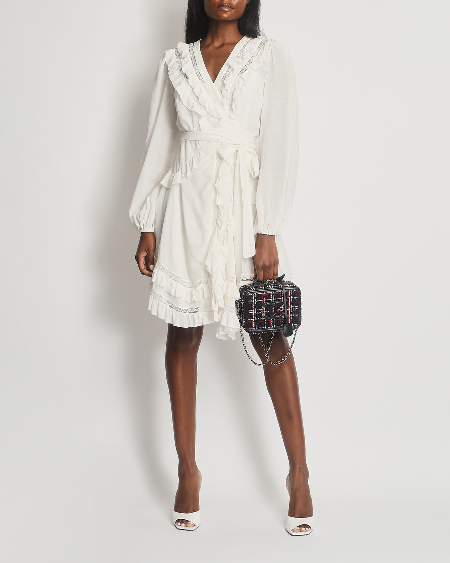 Zimmermann White Silk Long-Sleeve Mini Wrap Dress with Lace Details Size 2 (UK 12)