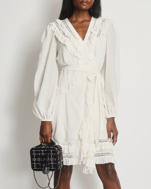 Zimmermann White Silk Long-Sleeve Mini Wrap Dress with Lace Details Size 2 (UK 12)