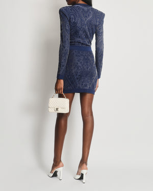 Balmain Blue Lace Mini Dress with Gold Zip Detail Size FR 38 (UK 10)