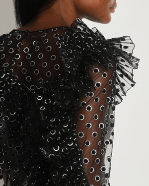 Alberta Ferretti Black Tulle Polka Dot, Silver, and Pink Metallic Mini Dress Size IT 40 (UK 8)