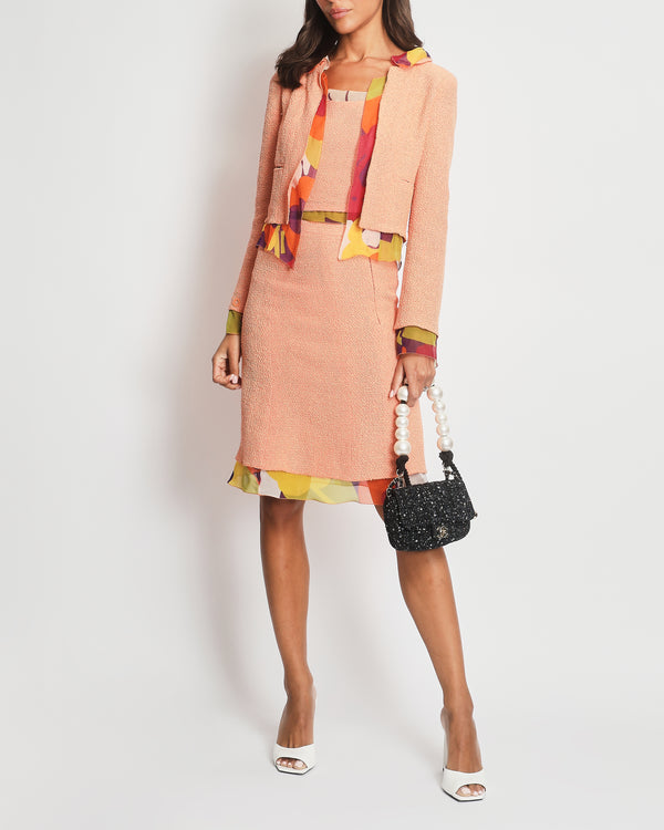 *FIRE PRICE* Chanel Peach Three Piece Set with Multicoloured Silk Trim and Shoulder Pad Detailing FR 38 (UK 10)