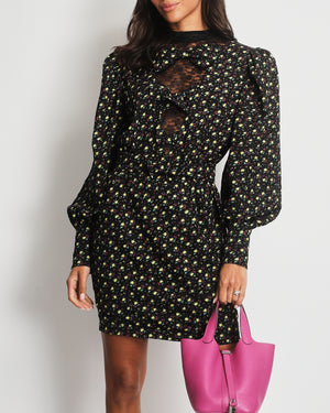 Alessandra Rich Black, Pink and Yellow Rose Print Mini Dress with Lace and Bow Neckline Size IT 40 (UK 8)