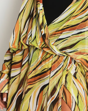 Christopher Esber Green, Brown Orange Sheer Printed Silk Shirt Dress Size UK 10