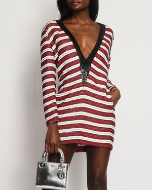 *HOT* Saint Laurent Red, White 
Black Sequin Striped Dress with Shoulder Pad Detail Size FR 36 (UK 8)