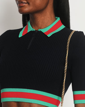 Gucci Navy, Green 
Red Ribbed Short Sleeve Polo Top IT 40 (UK 8)