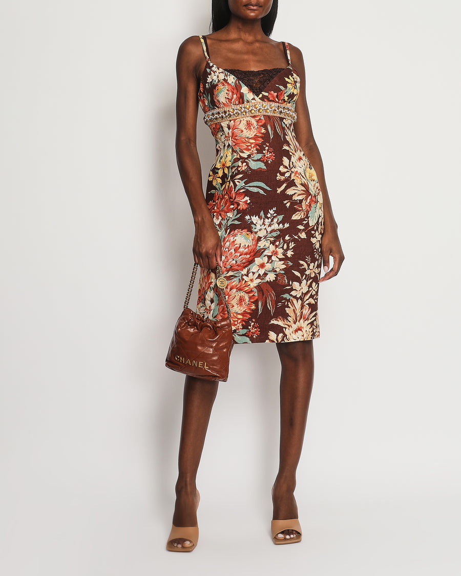 Dolce 
Gabbana Brown, Orange Yellow Floral  Printed Midi Dress with Embellished Waistline Detail Size IT 44 (UK 12)