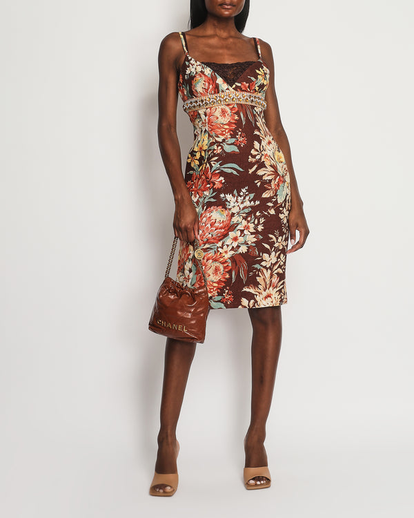 Dolce 
Gabbana Brown, Orange Yellow Floral  Printed Midi Dress with Embellished Waistline Detail Size IT 44 (UK 12)