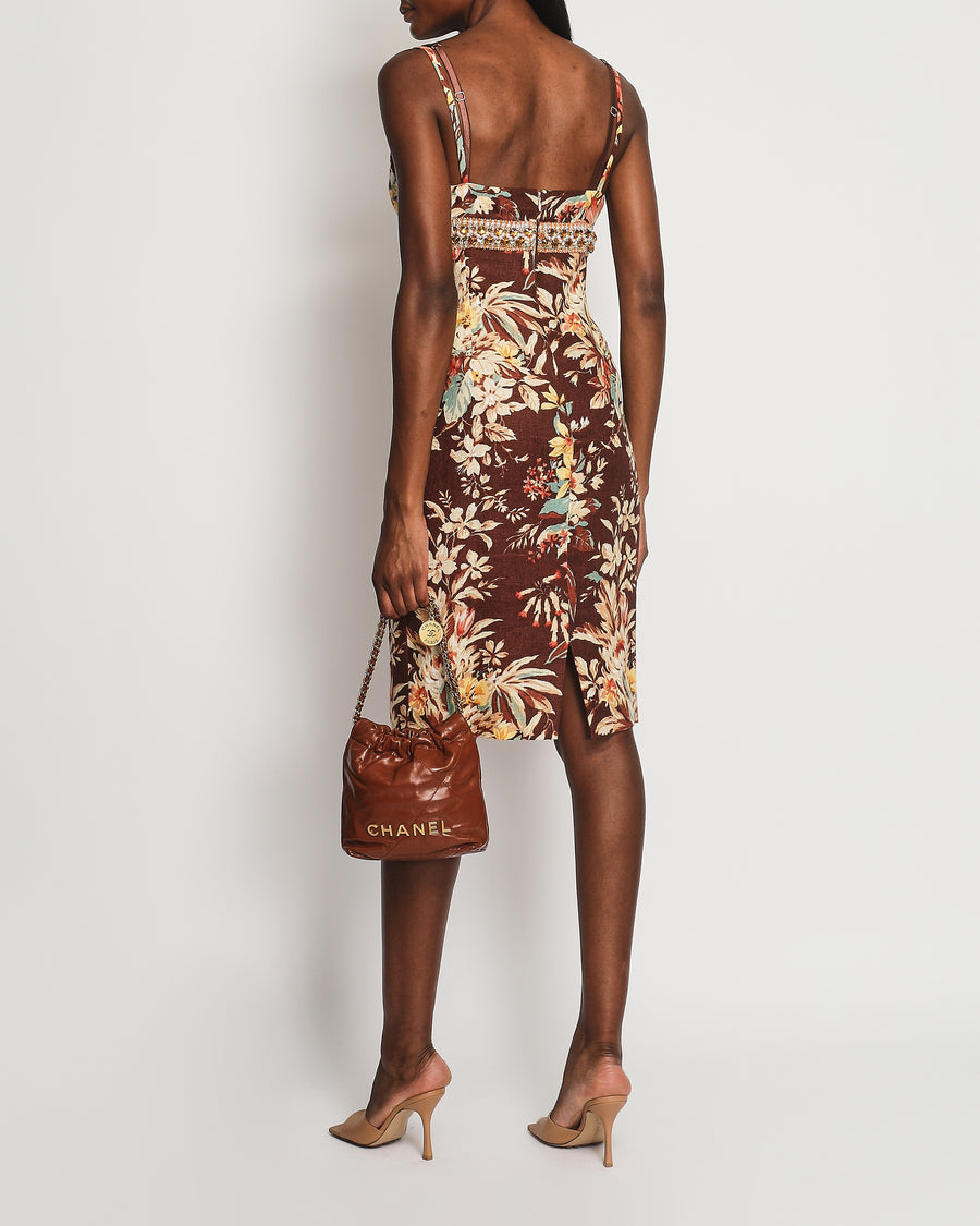 Dolce 
Gabbana Brown, Orange Yellow Floral  Printed Midi Dress with Embellished Waistline Detail Size IT 44 (UK 12)