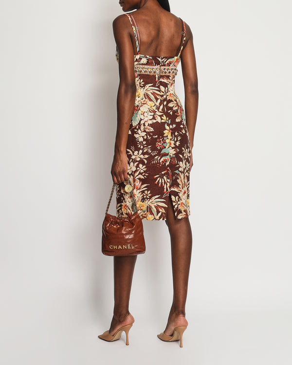 Dolce 
Gabbana Brown, Orange Yellow Floral  Printed Midi Dress with Embellished Waistline Detail Size IT 44 (UK 12)