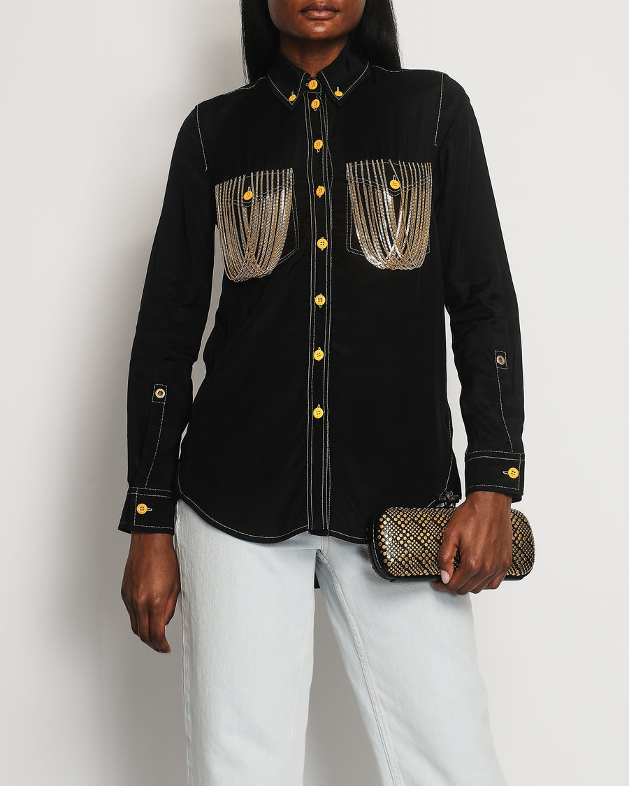 Burberry Black Satin Shirt with Gold Chain Embellishment on the Chest Pockets and Yellow Buttons Size UK 4