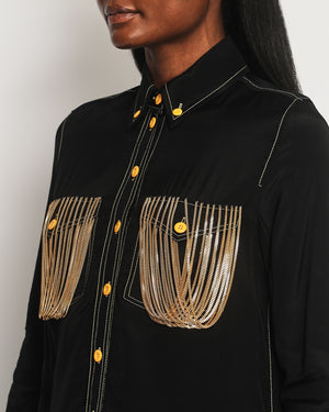 Burberry Black Satin Shirt with Gold Chain Embellishment on the Chest Pockets and Yellow Buttons Size UK 4