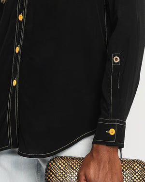 Burberry Black Satin Shirt with Gold Chain Embellishment on the Chest Pockets and Yellow Buttons Size UK 4