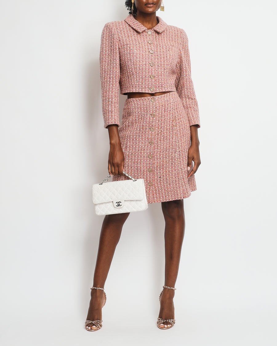 Chanel Blush Pink Tweed Cropped Jacket 
Midi Skirt Suit with Gold CC Logo Buttons Size FR 40 (UK 12)