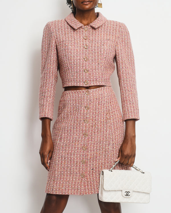 Chanel Blush Pink Tweed Cropped Jacket 
Midi Skirt Suit with Gold CC Logo Buttons Size FR 40 (UK 12)