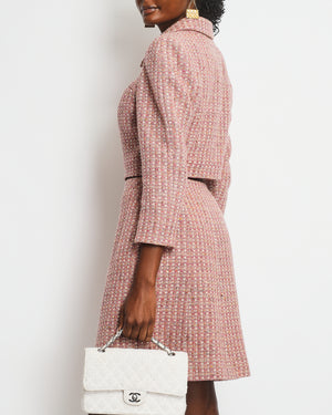 Chanel Blush Pink Tweed Cropped Jacket 
Midi Skirt Suit with Gold CC Logo Buttons Size FR 40 (UK 12)