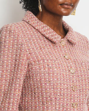 Chanel Blush Pink Tweed Cropped Jacket 
Midi Skirt Suit with Gold CC Logo Buttons Size FR 40 (UK 12)