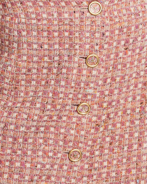 Chanel Blush Pink Tweed Cropped Jacket 
Midi Skirt Suit with Gold CC Logo Buttons Size FR 40 (UK 12)