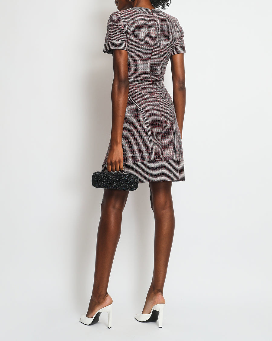 Chanel Red, Navy Metallic Short Sleeve Tweed A-Line A/W 2014 Dress Size FR 34 (UK 6)