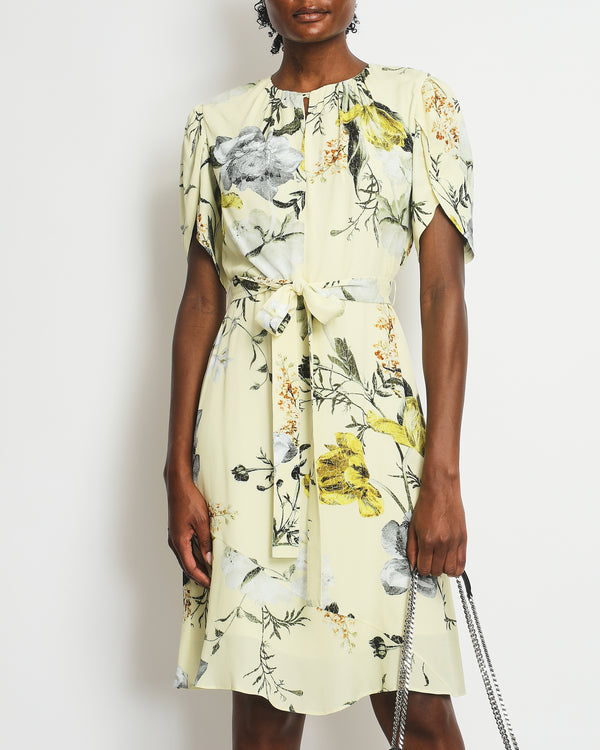 Erdem Yellow Floral Midi Dress with Bow Detail Size UK 10