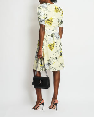 Erdem Yellow Floral Midi Dress with Bow Detail Size UK 10