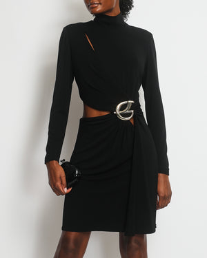 Elie Saab Black Long Sleeve Midi Dress with Cut-Out and ES Silver Buckle Detail FR 42 (UK 14)