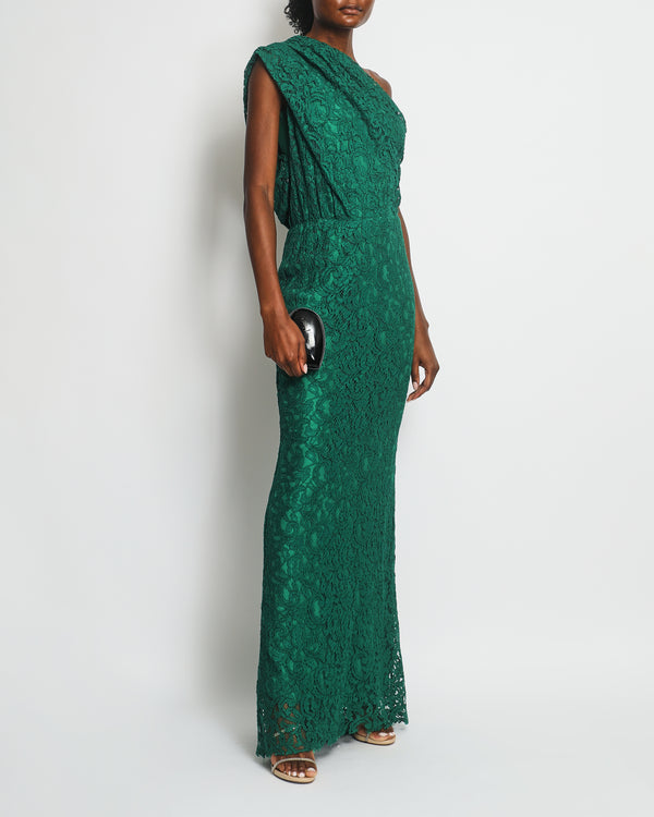 Carolina Herrera Emerald Green One Shoulder Lace Maxi Dress Size US 4 (UK 8)