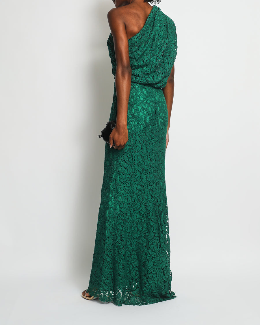 Carolina Herrera Emerald Green One Shoulder Lace Maxi Dress Size US 4 (UK 8)