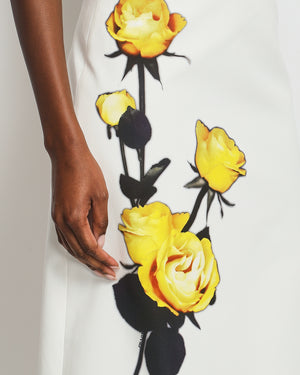 Prada White, Yellow Floral Printed Midi Skirt IT 42 (UK 10)