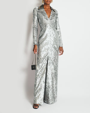 *HOT* Louis Vuitton Silver Sequin Long V-Neck Embroidered Dress Size FR 38 (UK 10) RRP £13,200