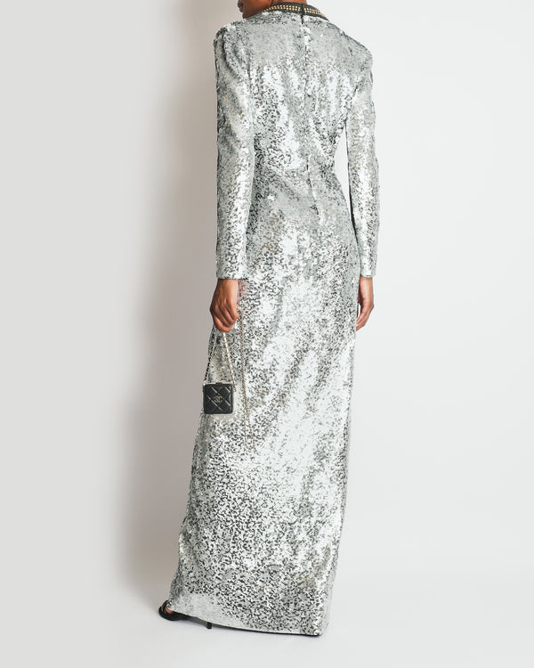 *HOT* Louis Vuitton Silver Sequin Long V-Neck Embroidered Dress Size FR 38 (UK 10) RRP £13,200